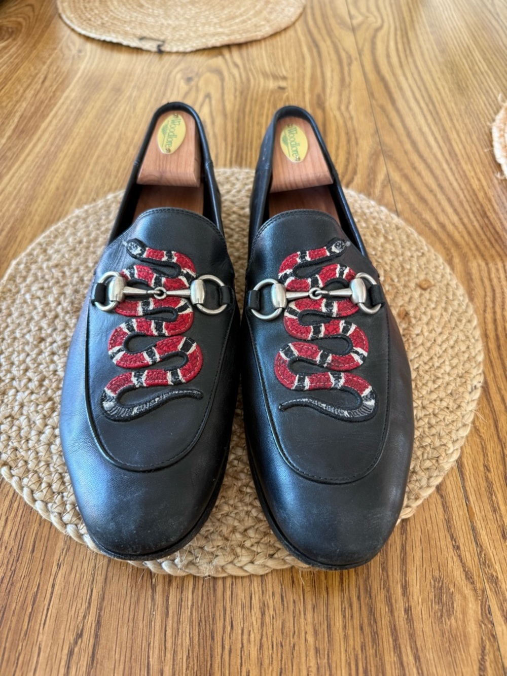 Gucci Black Leather Horsebit Loafers with Red Snake Motif